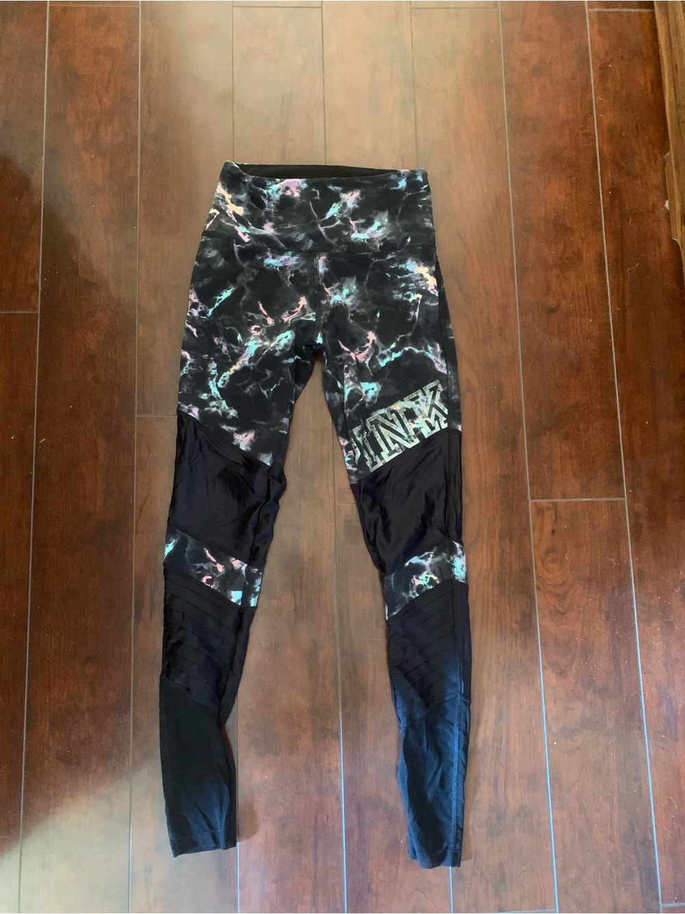 PINK Victoria's Secret Black Marble Tie-Dye Kids Leggings with Pastel Accents